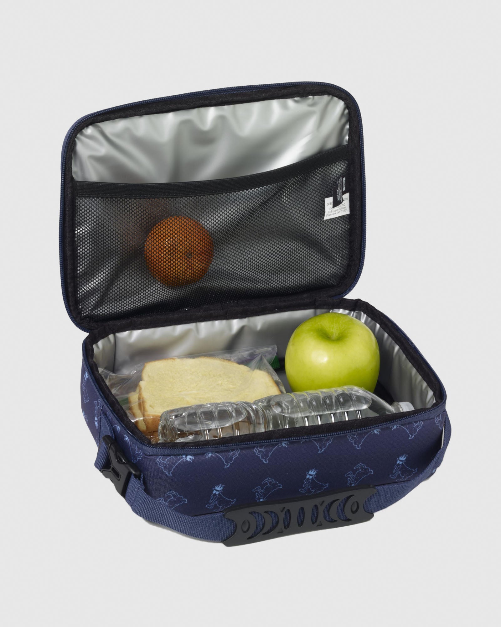 Open lunchbox with a sandwich, water and fruits in it#color_navy