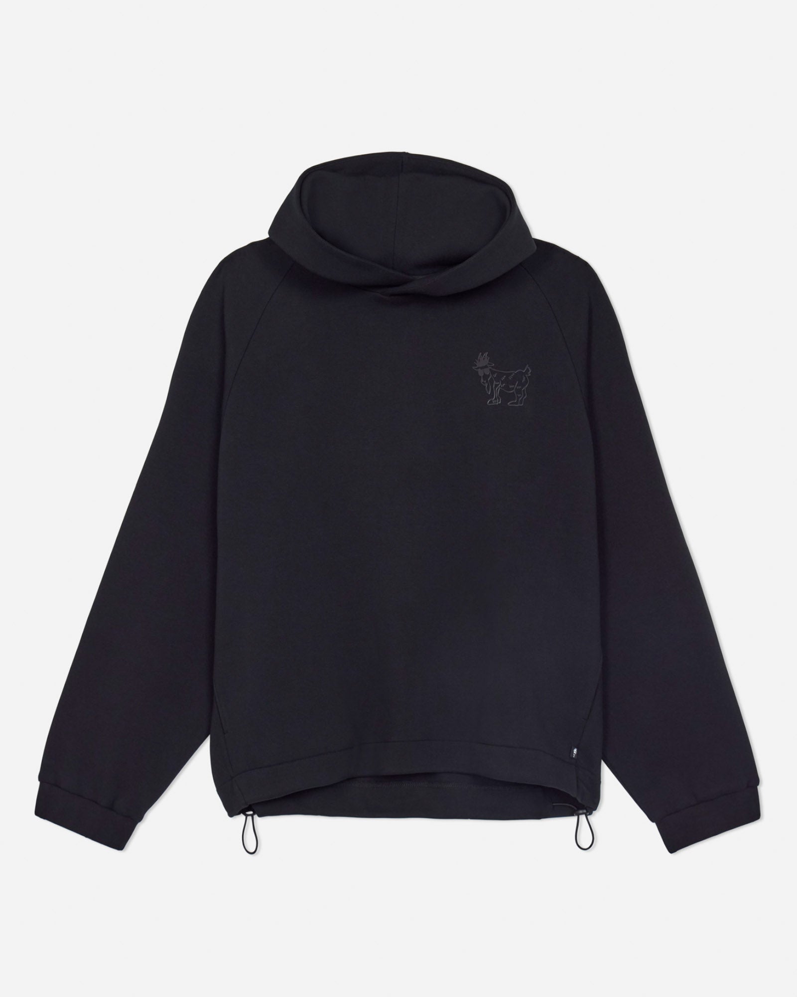 Black hoodie with a small logo on the back against a light gray background#color_black
