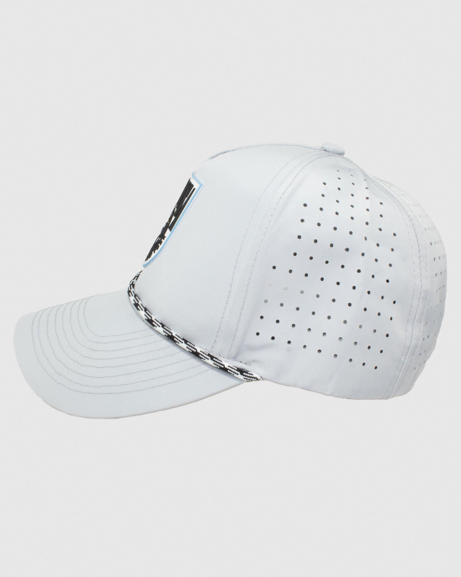 Side view of gray perforated hat with black and white rope and rubber patch#color_gray