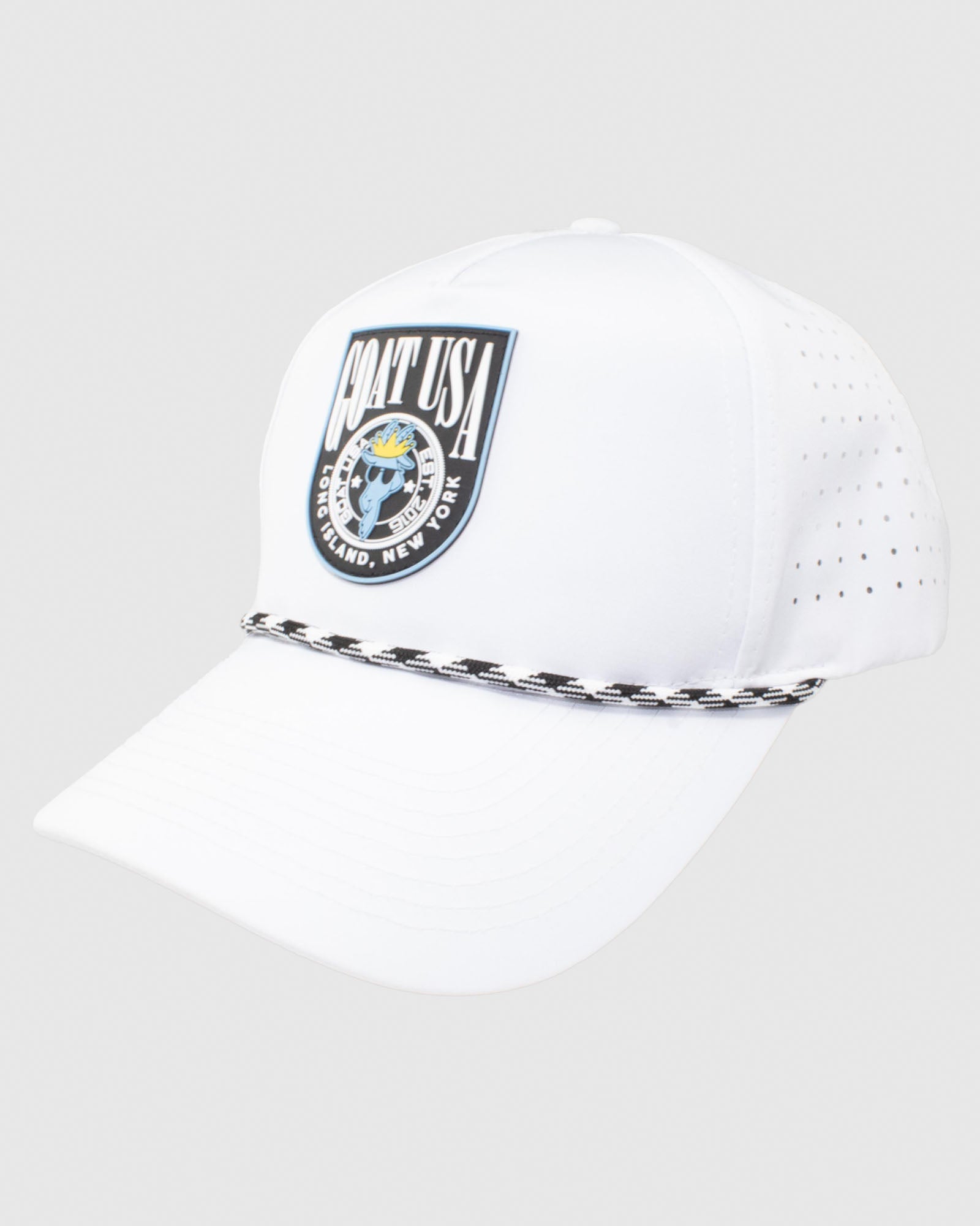 White perforated hat with black and white rope and rubber patch#color_white