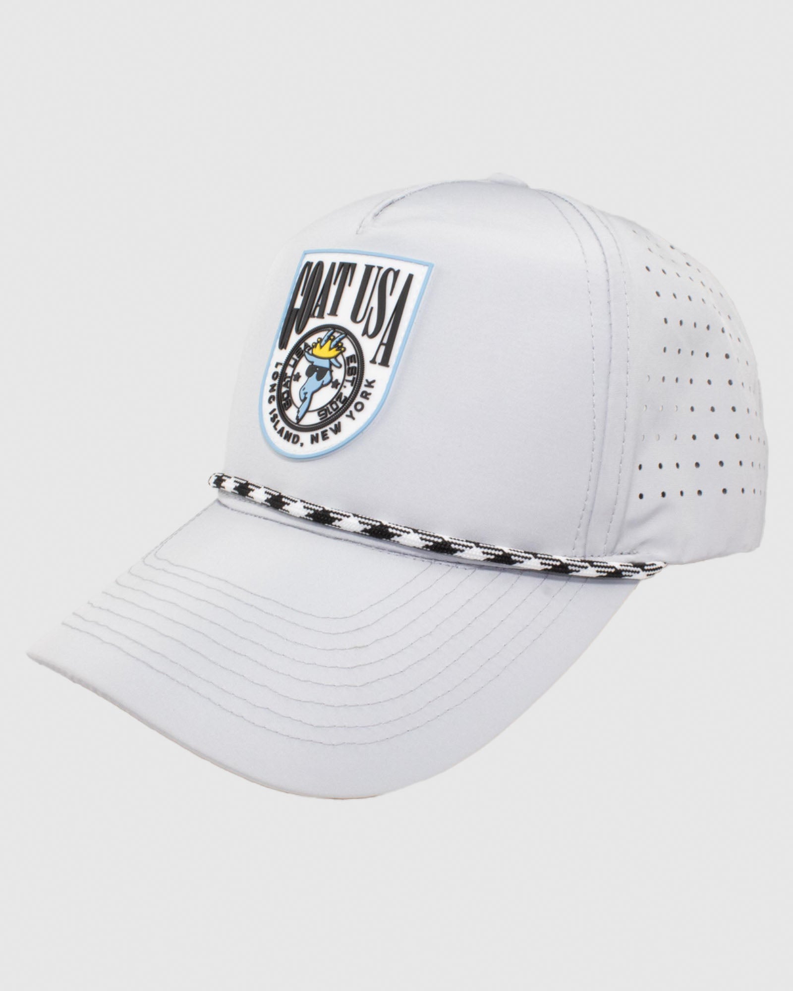 Gray perforated hat with black and white rope and rubber patch#color_gray