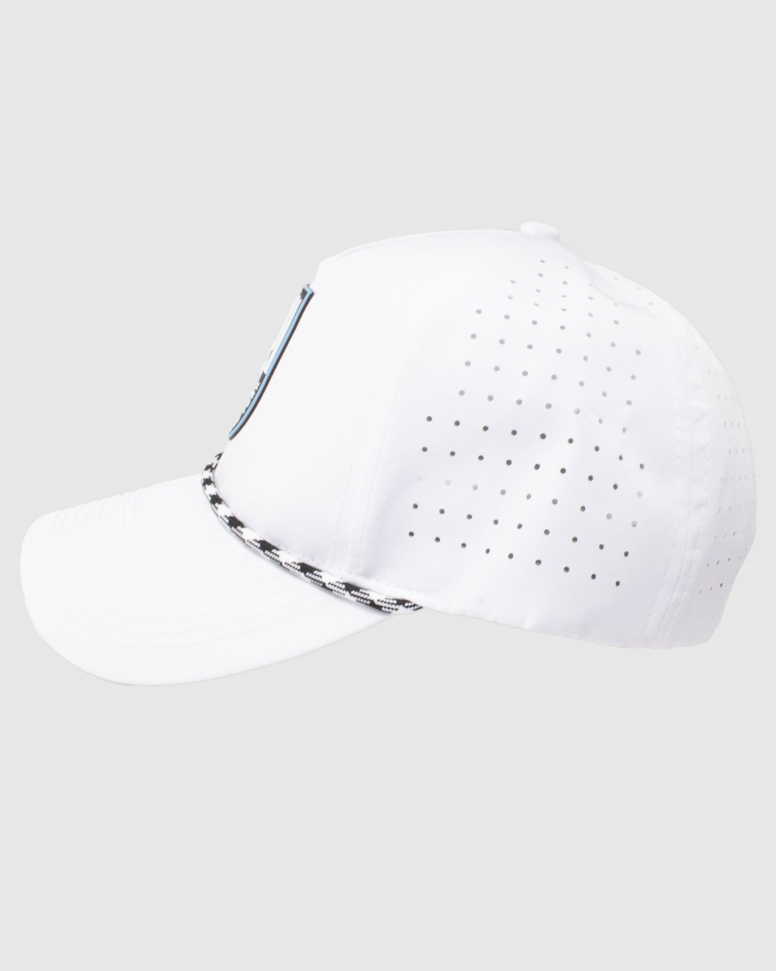 Side view of white perforated hat with black and white rope and rubber patch#color_white