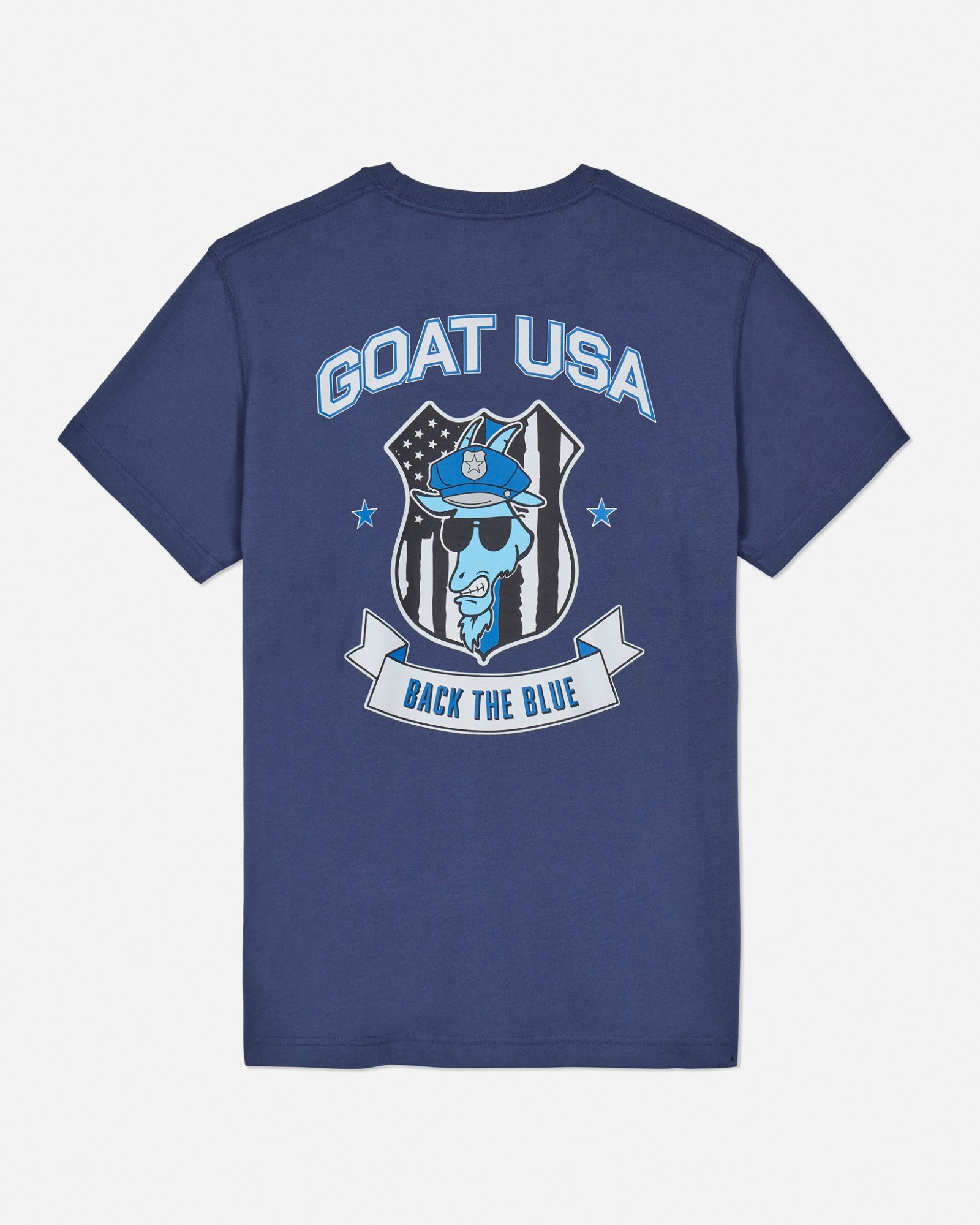 Back of navy back the blue t-shirt with cop goat graphic