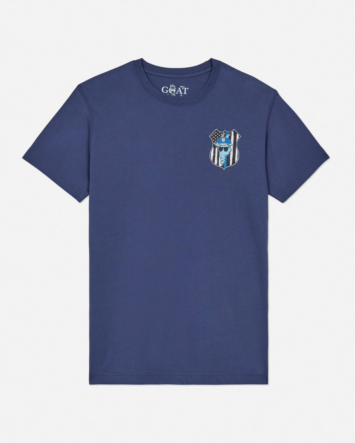 Front of navy back the blue t-shirt with cop goat left-chest logo