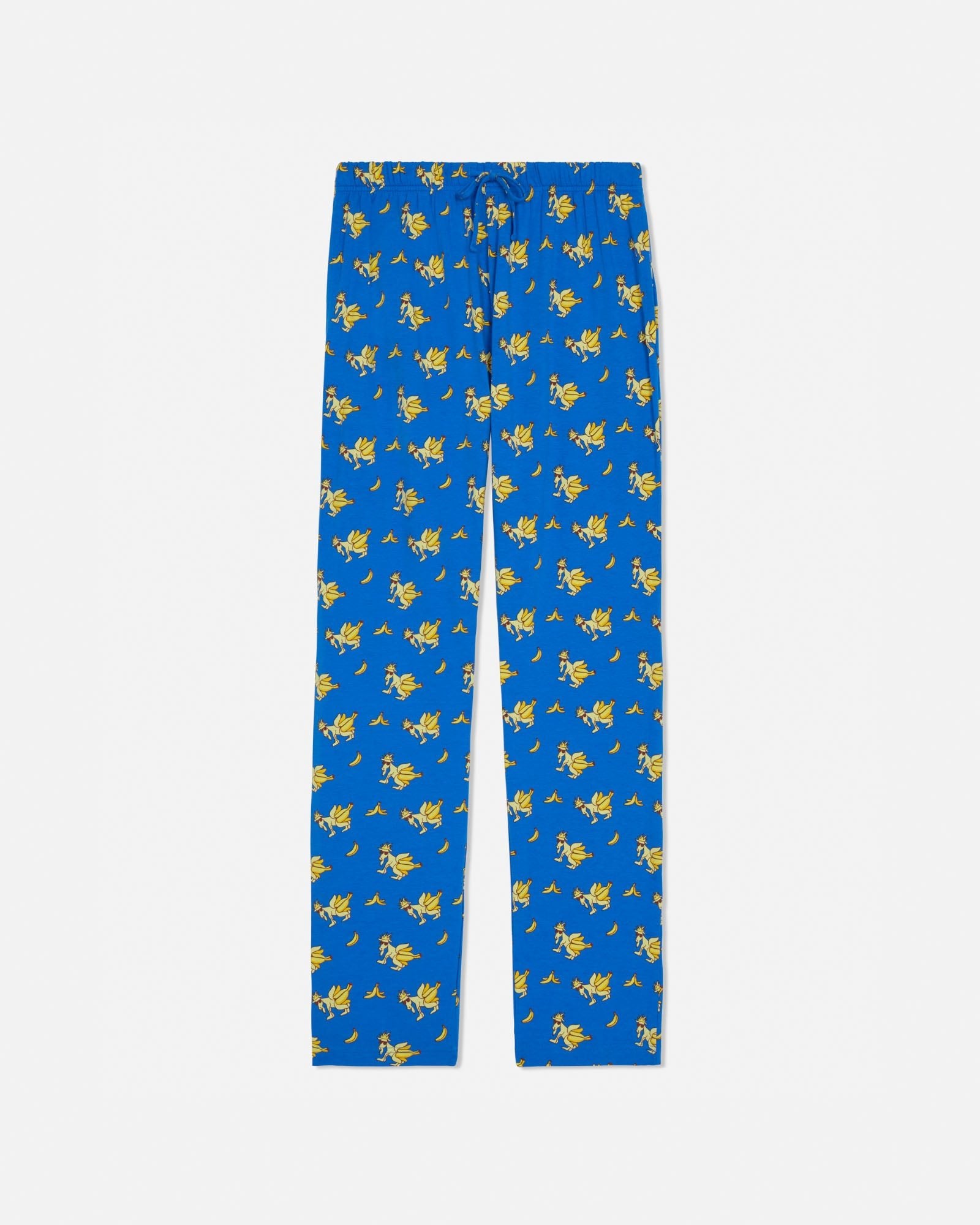Blue pajamas with banana goat pattern on a white background