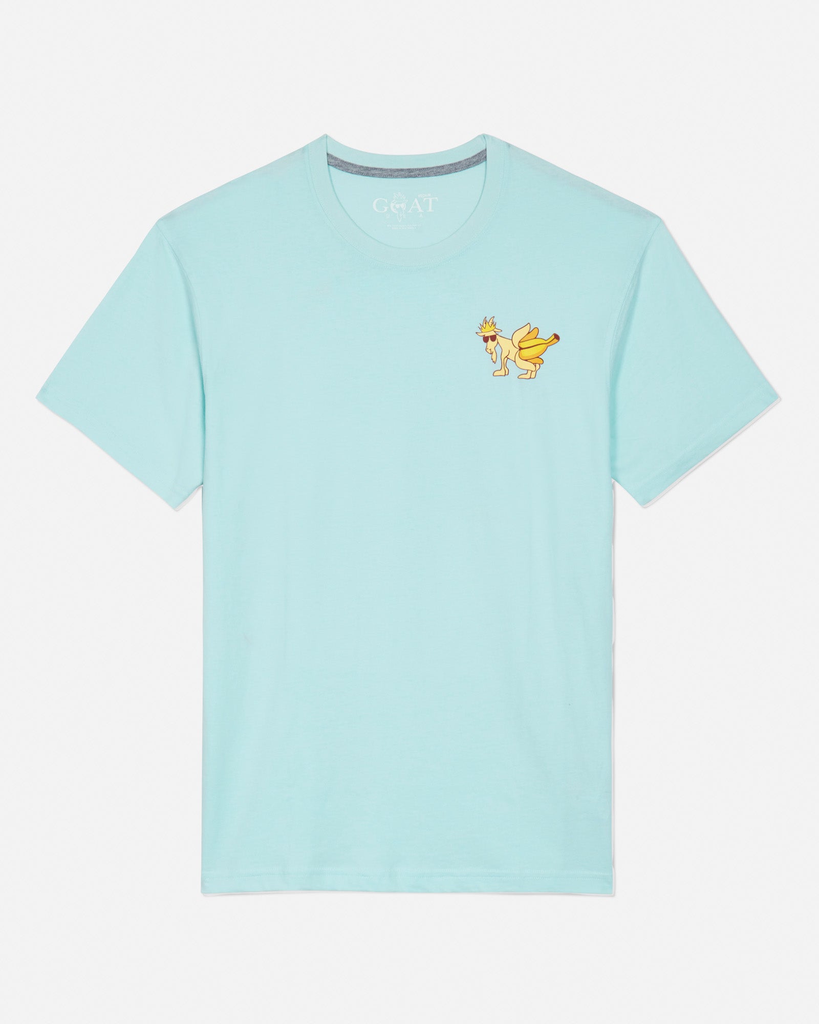 Front of ice blue banana t-shirt with banana goat left-chest logo