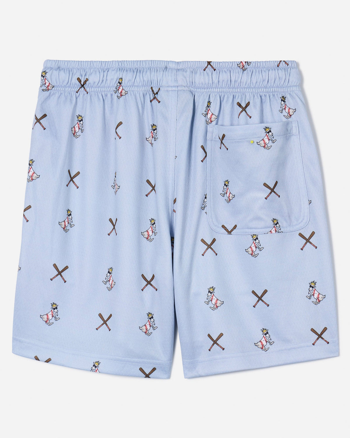 Back of gray mesh shorts with baseball goat print