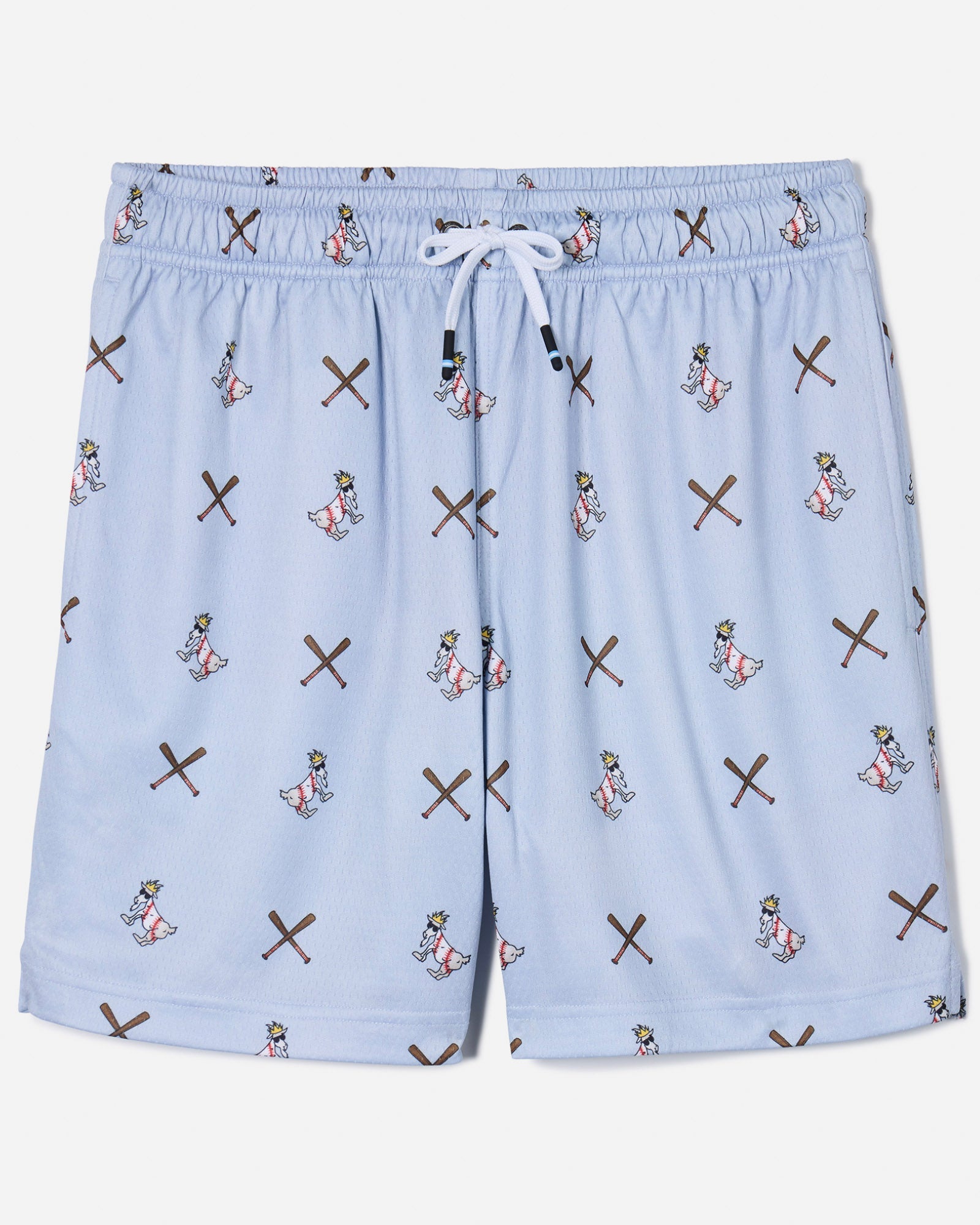 Front of gray mesh shorts with baseball goat print