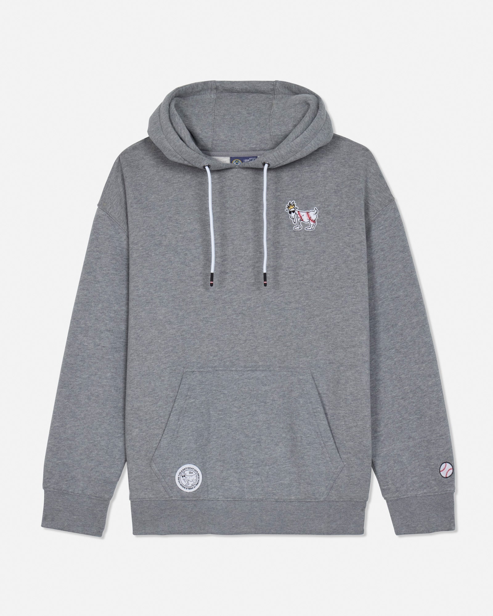 Front of gray hoodie with baseball goat left-chest logo
