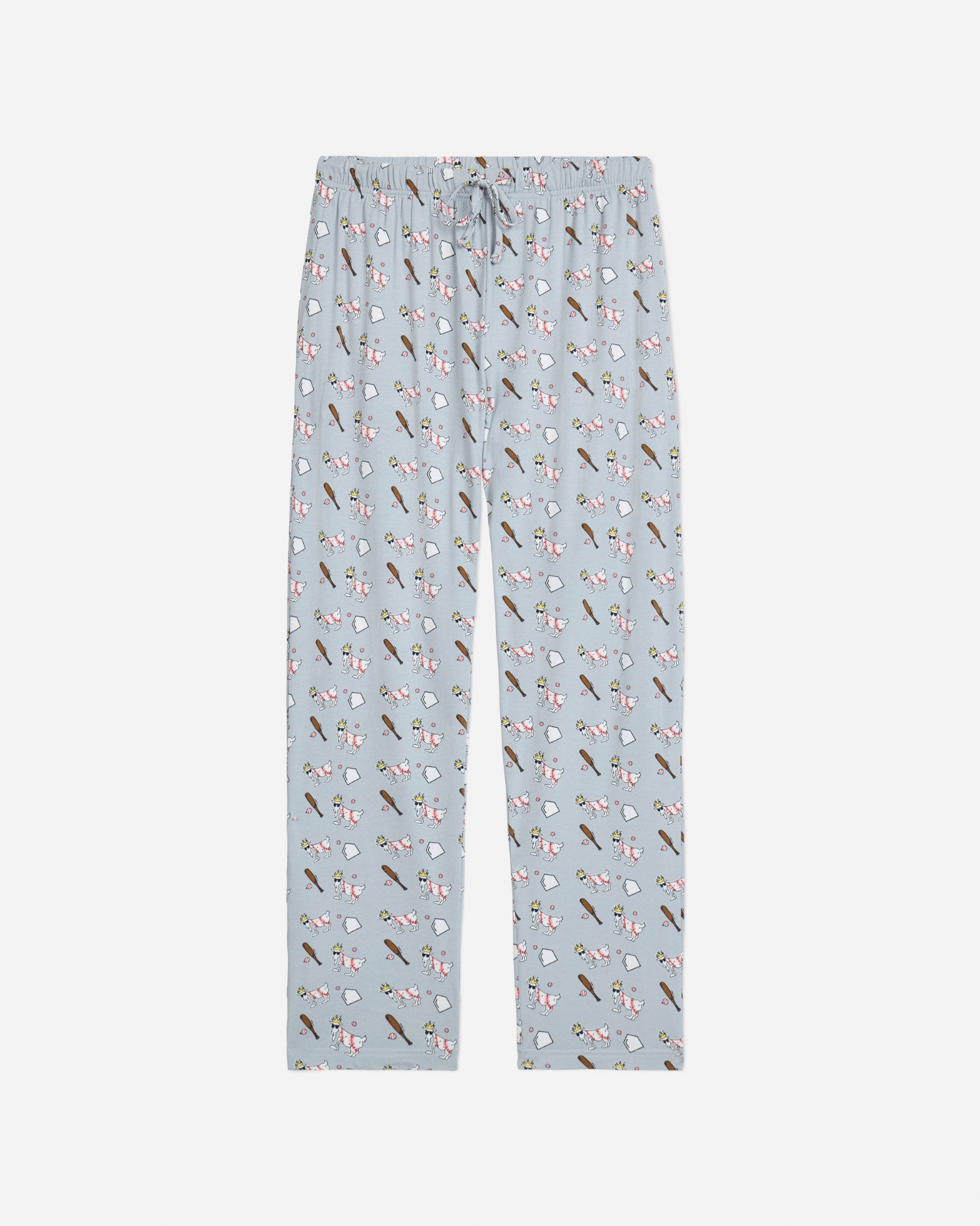 Front of gray baseball-themed pajama pants