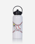 A white insulated water bottle with a black lid and handle, featuring a graphic of a cartoon goat wearing sunglasses and a gold crown, overlaid with red baseball stitching on a light gray background.