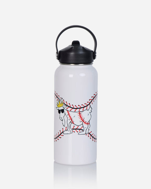 A white insulated water bottle with a black lid and handle, featuring a graphic of a cartoon goat wearing sunglasses and a gold crown, overlaid with red baseball stitching on a light gray background.