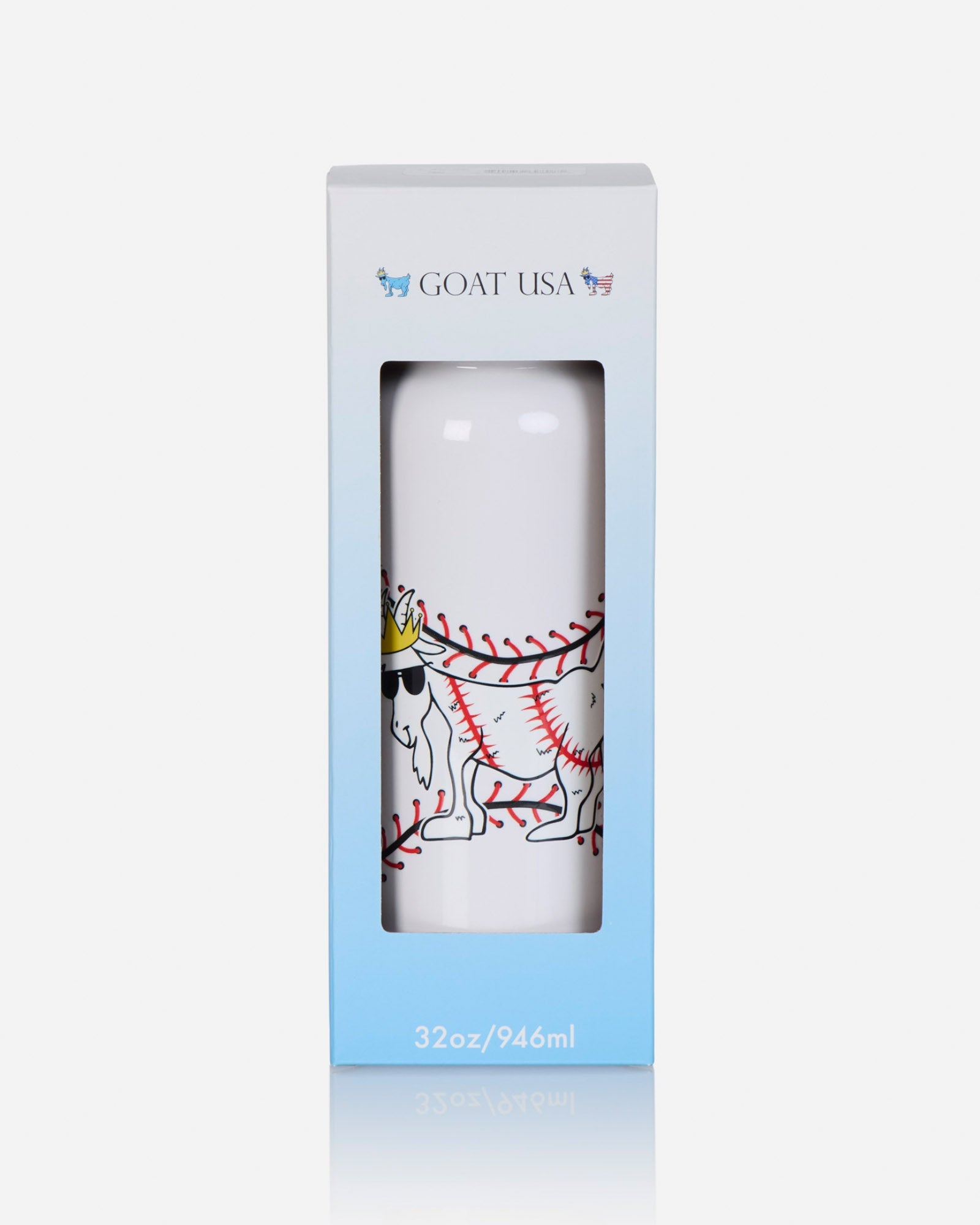 A white water bottle with a cartoon goat baseball graphic, presented inside its light blue and white Goat USA retail packaging box.