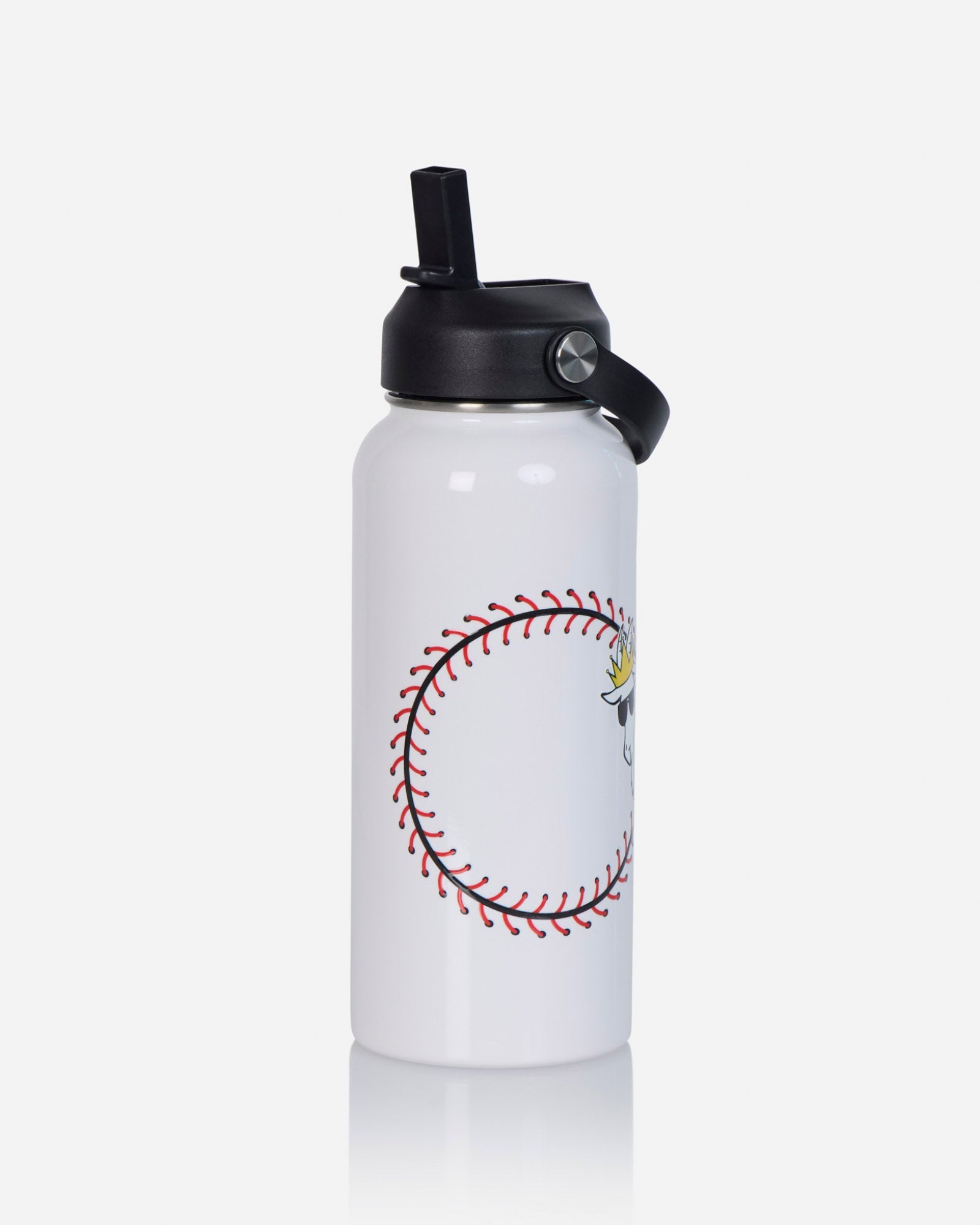 A white insulated water bottle with a black lid and straw, featuring a graphic of a baseball stitched circle on the front.
