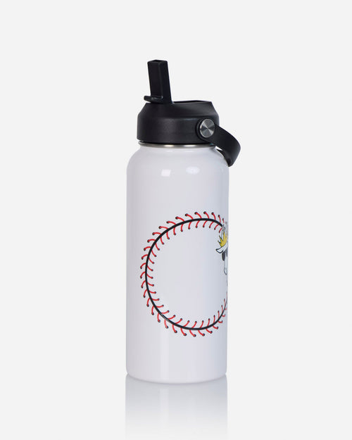 A white insulated water bottle with a black lid and straw, featuring a graphic of a baseball stitched circle on the front.