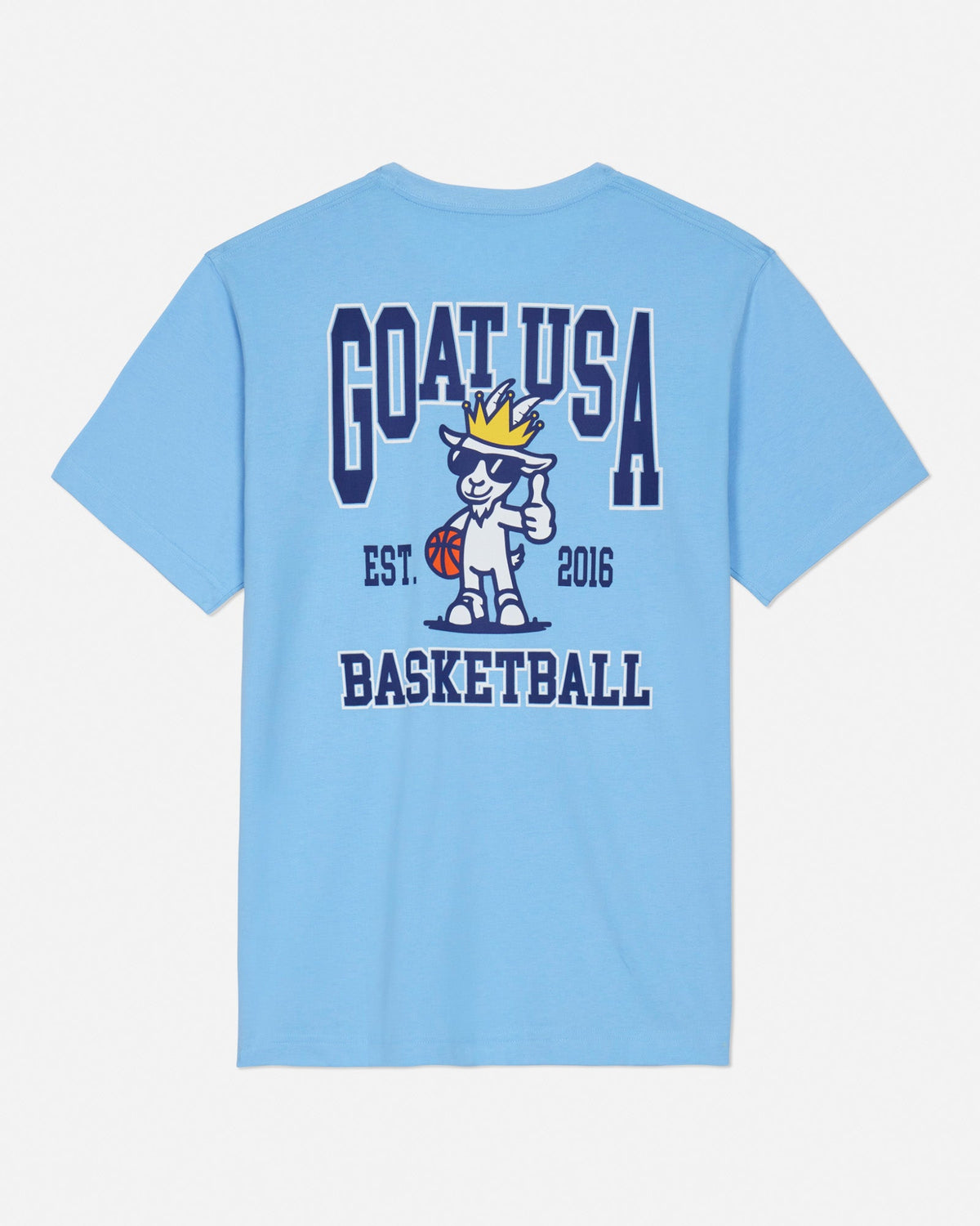 Back of carolina blue t-shirt with basketball player goat graphic