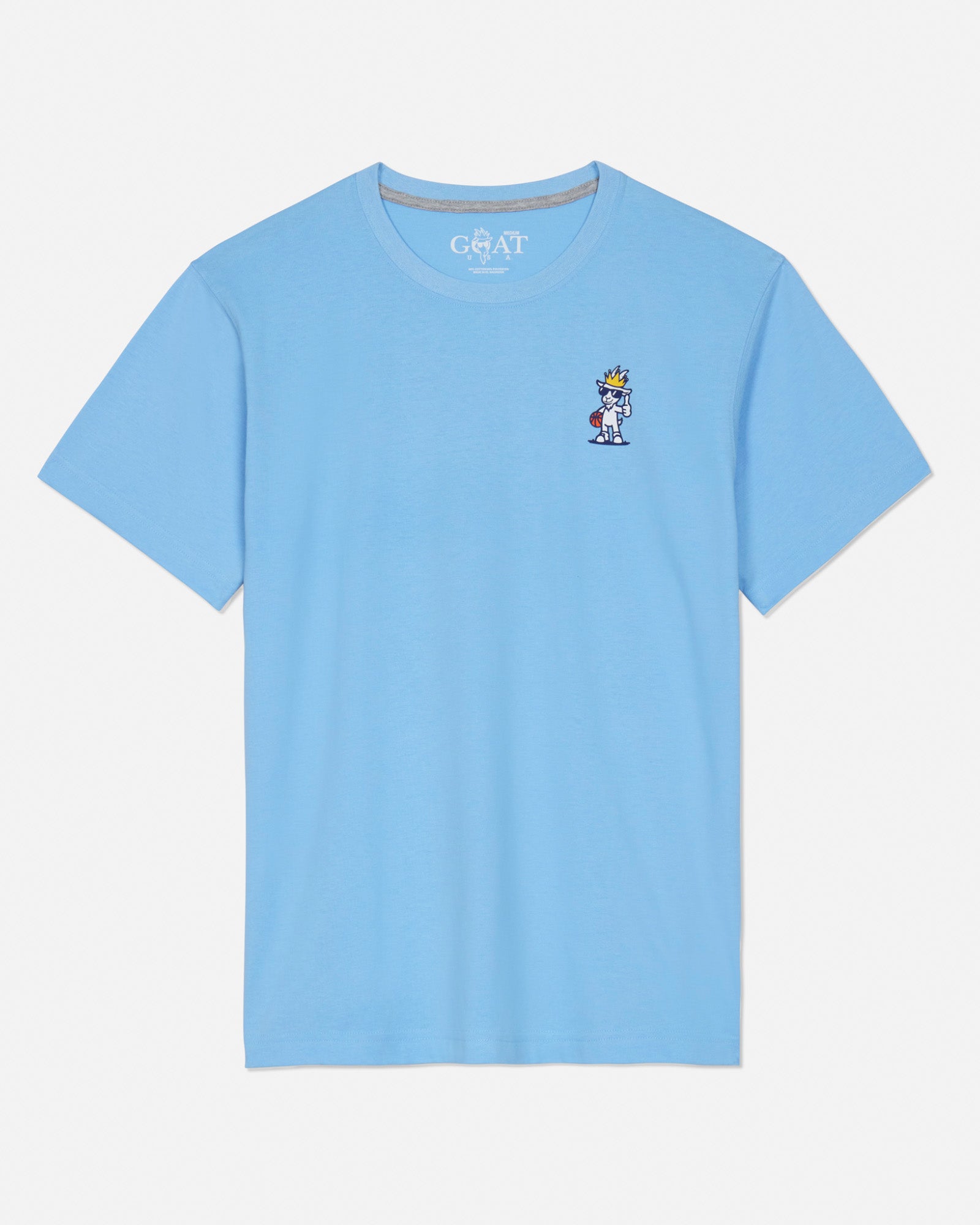Front of carolina blue t-shirt with basketball player goat left-chest logo