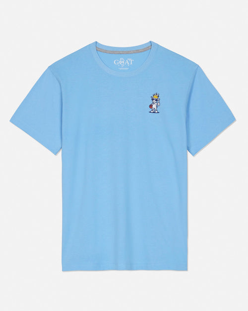 Front of carolina blue t-shirt with basketball player goat left-chest logo
