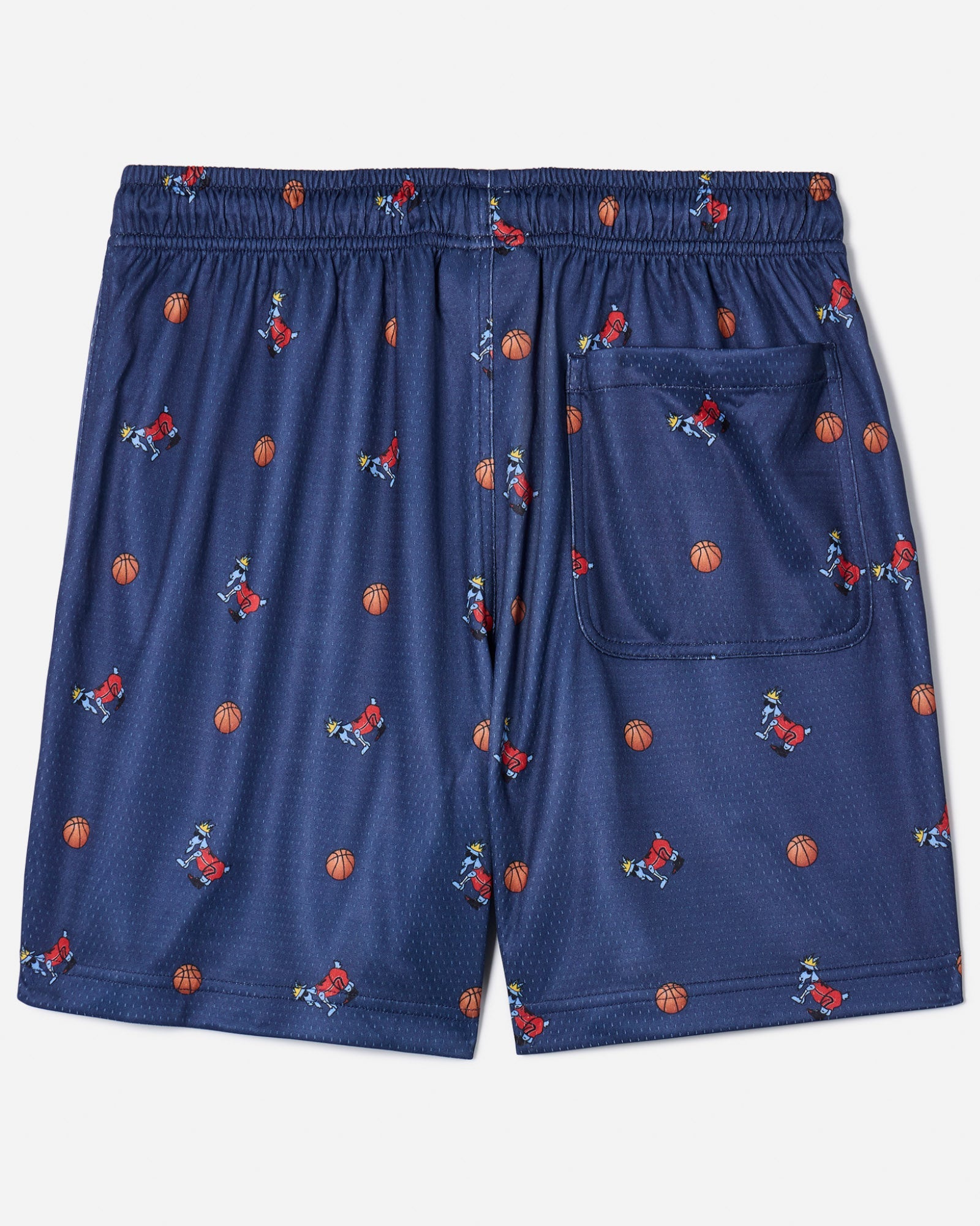 Back of navy mesh shorts with basketball goat print