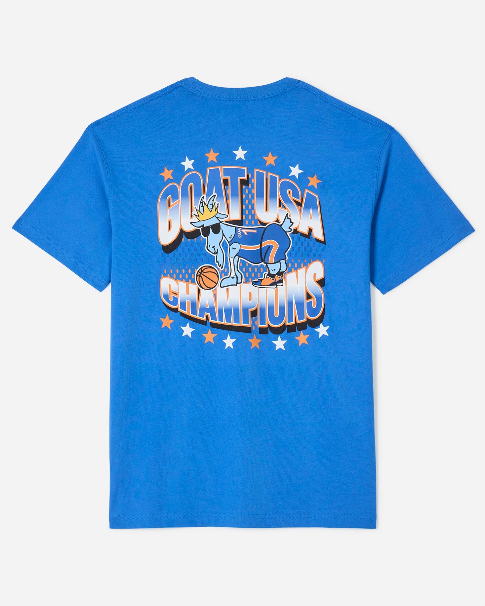 Back of royal t-shirt that reads GOAT USA champions with basketball goat