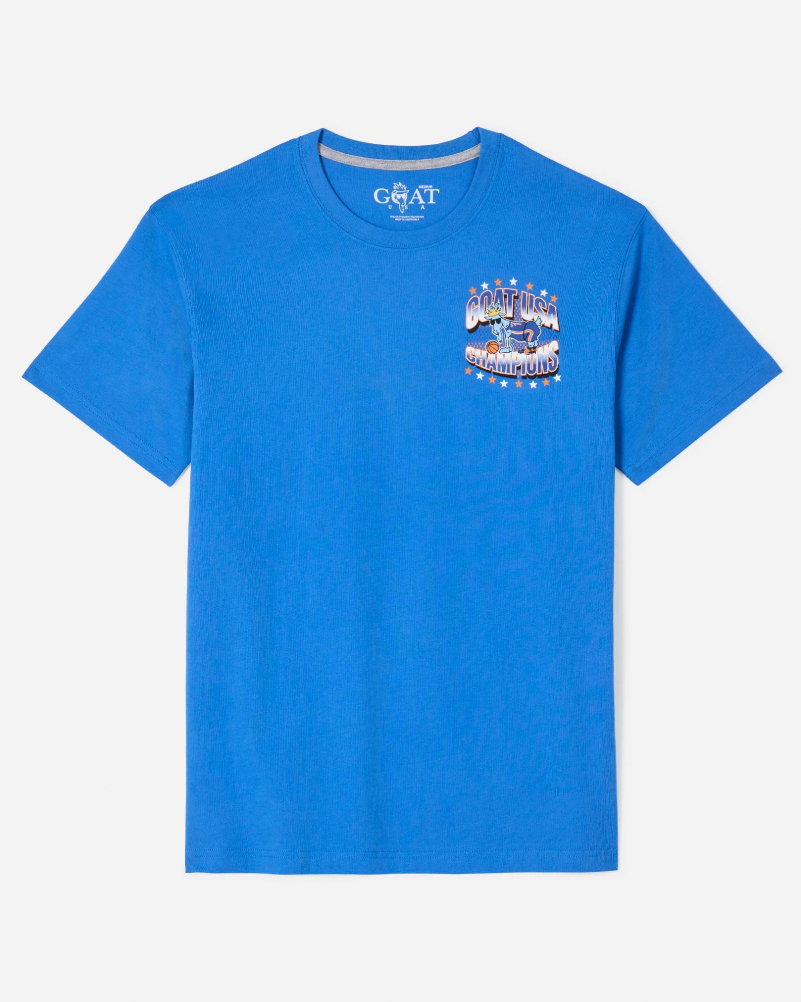 Front of royal t-shirt that reads GOAT USA champions with basketball goat