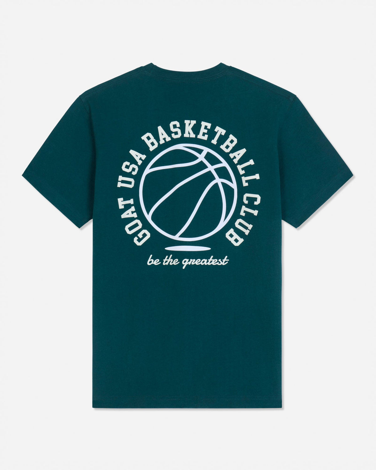 A dark teal green short-sleeve t-shirt with a white graphic print on the back featuring a basketball and the text 'GOAT USA BASKETBALL CLUB' and 'be the greatest'.