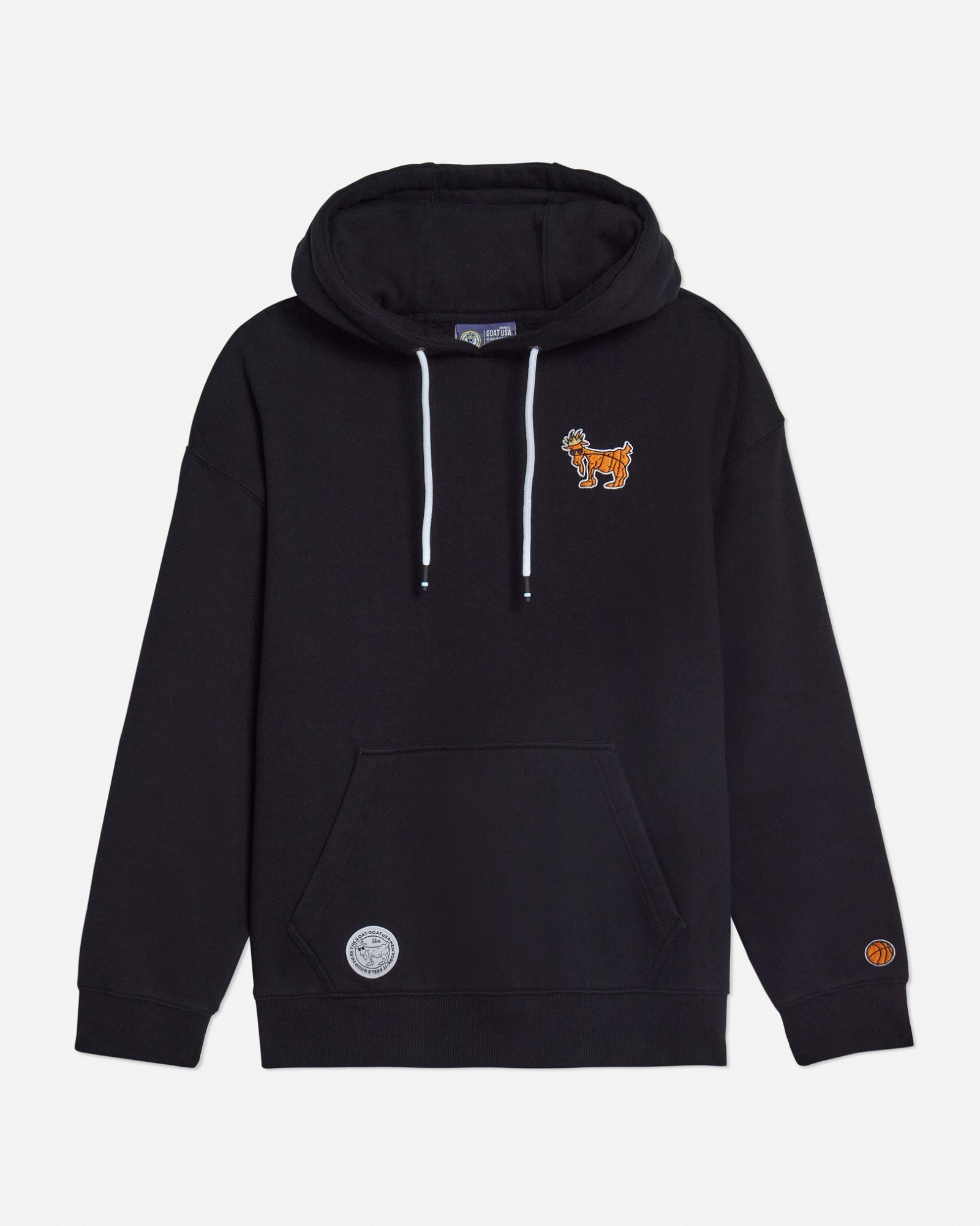 Front of black hoodie with basketball goat left-chest logo