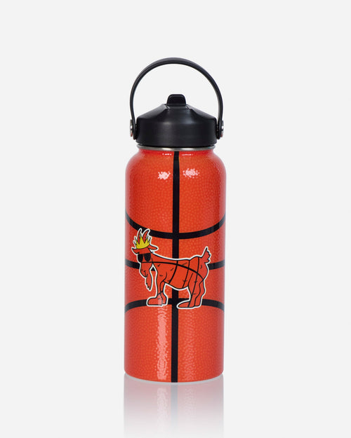 An orange water bottle designed to look like a basketball, featuring a black lid with a carrying loop and a graphic of a basketball goat.