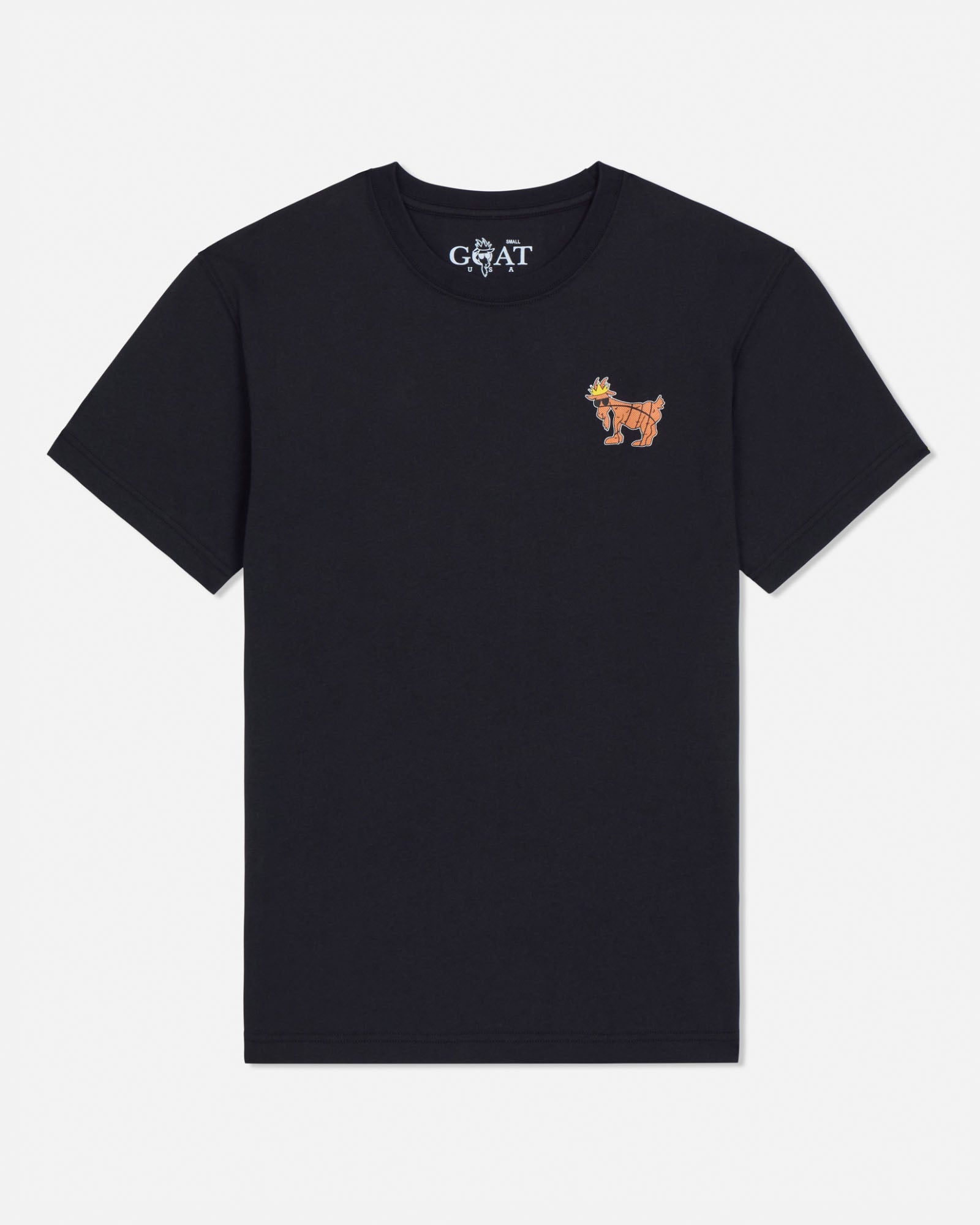 Black t-shirt with a small colorful graphic on a white background