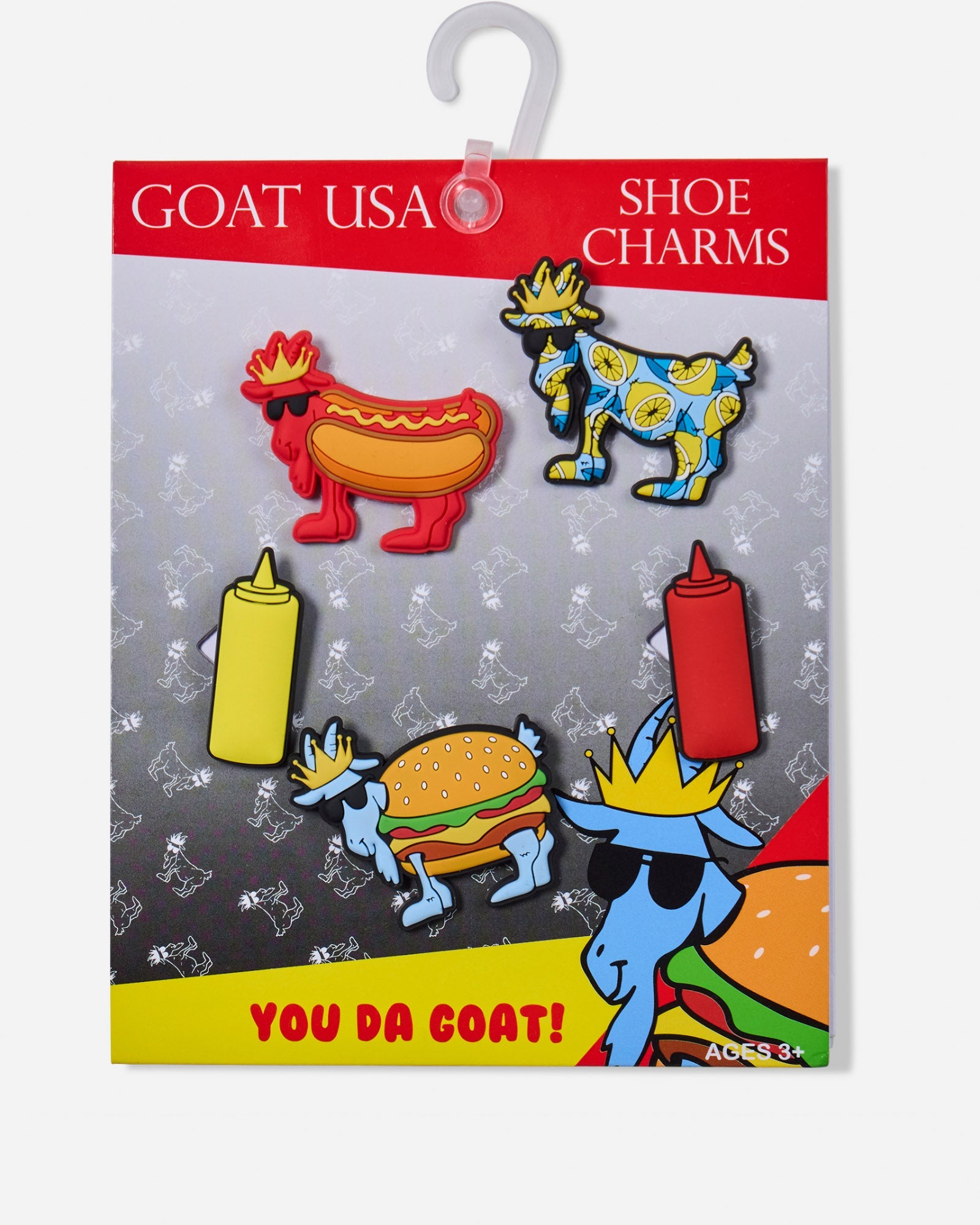 BBQ-themed goat shoe charms in package