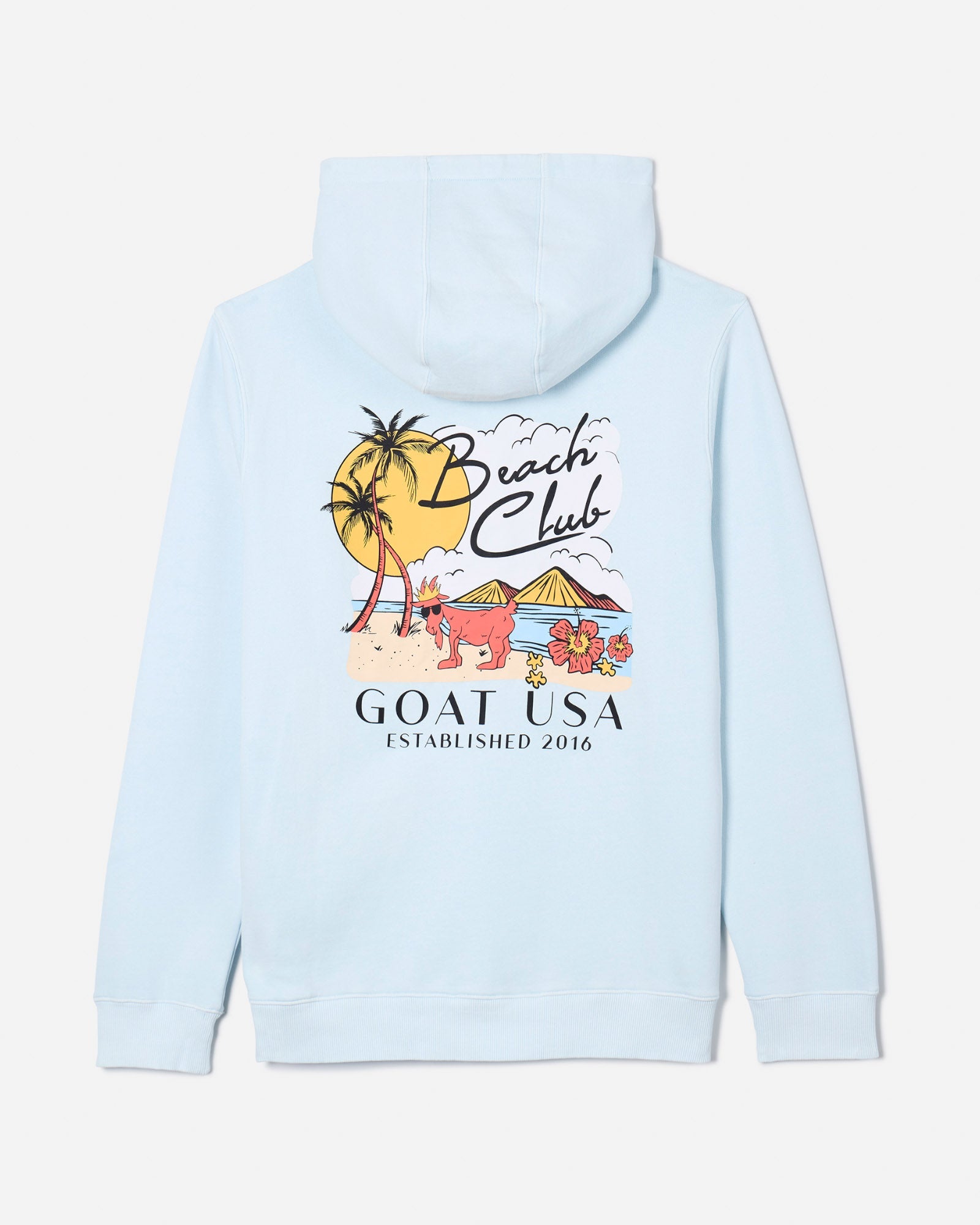 Back of ice blue hooded sweatshirt with Chuck the GOAT beach graphic