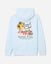 Back of ice blue hooded sweatshirt with Chuck the GOAT beach graphic