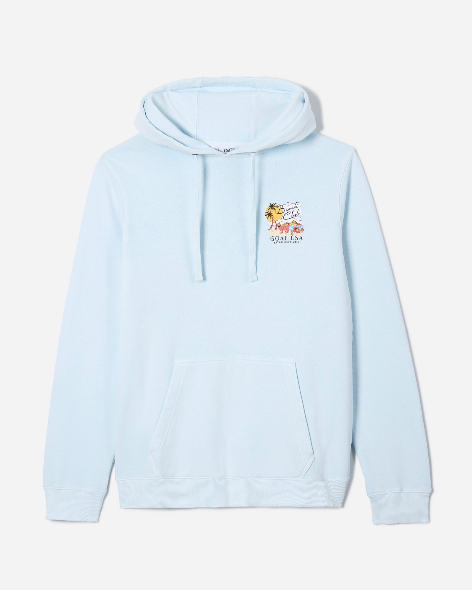 Front of ice blue hooded sweatshirt with Chuck the GOAT left-chest logo