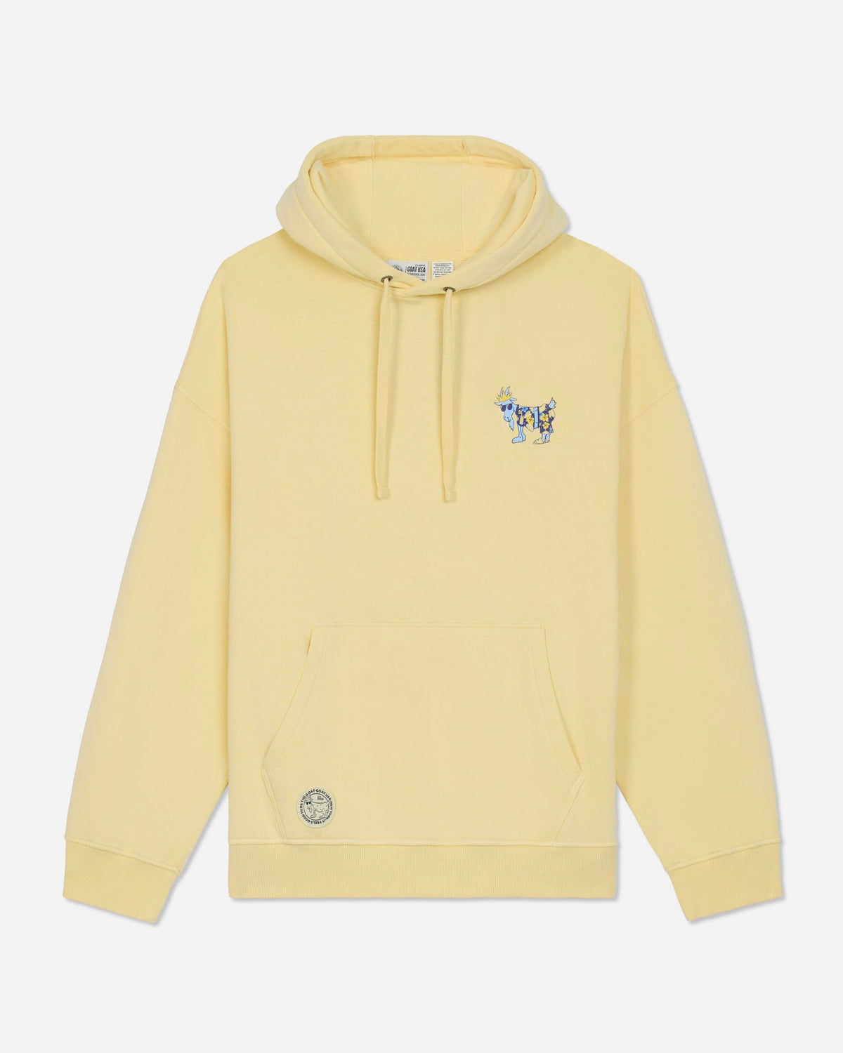 Yellow hoodie with a small graphic on the chest against a white background