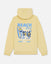 Yellow hoodie with a graphic of a goat, surfboard, and text on the back against a white background