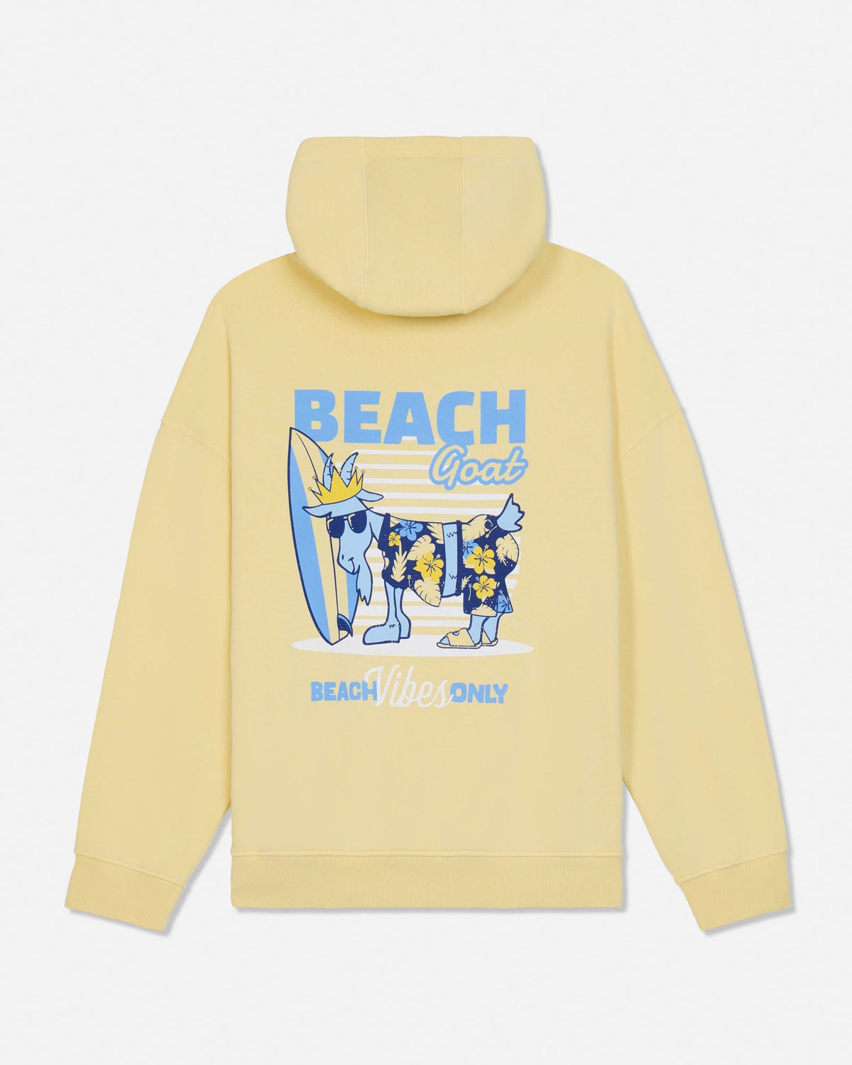 Yellow hoodie with a graphic of a goat, surfboard, and text on the back against a white background