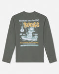 A dark gray long-sleeve t-shirt shown from the back, featuring a graphic print of a cartoon fisherman in a boat with the text 'Hooked on the BIG Bucks' and 'Stop Fishing, Start Catching' in yellow, white, and light blue.