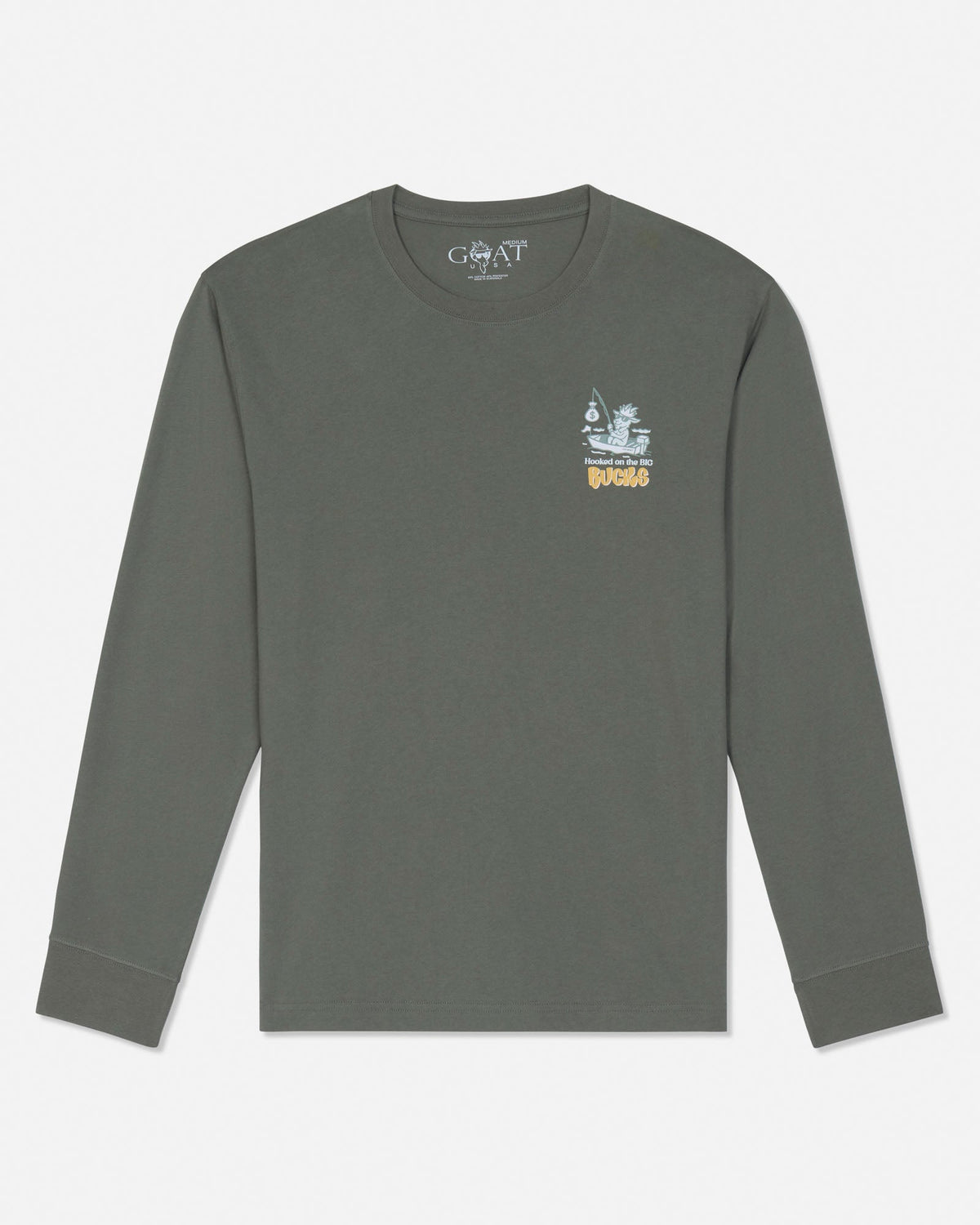 A dark olive green long-sleeve t-shirt by GOAT USA, featuring a small graphic on the left chest with a white ship and the word 'BUCKS' in yellow, displayed on a clean white background.