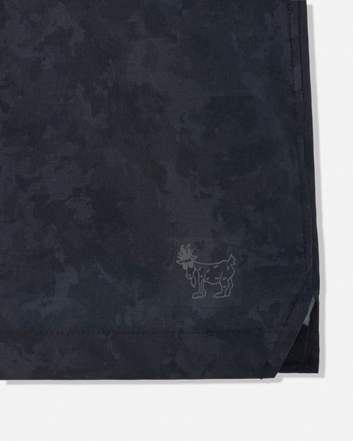 Black fabric with a subtle pattern and a logo on a white background