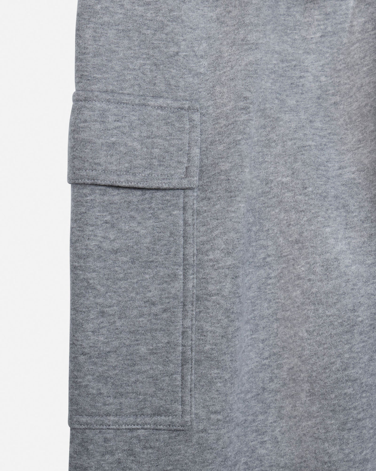 Close-up of a heather gray fabric garment showing a side cargo pocket and textured material on a white background.