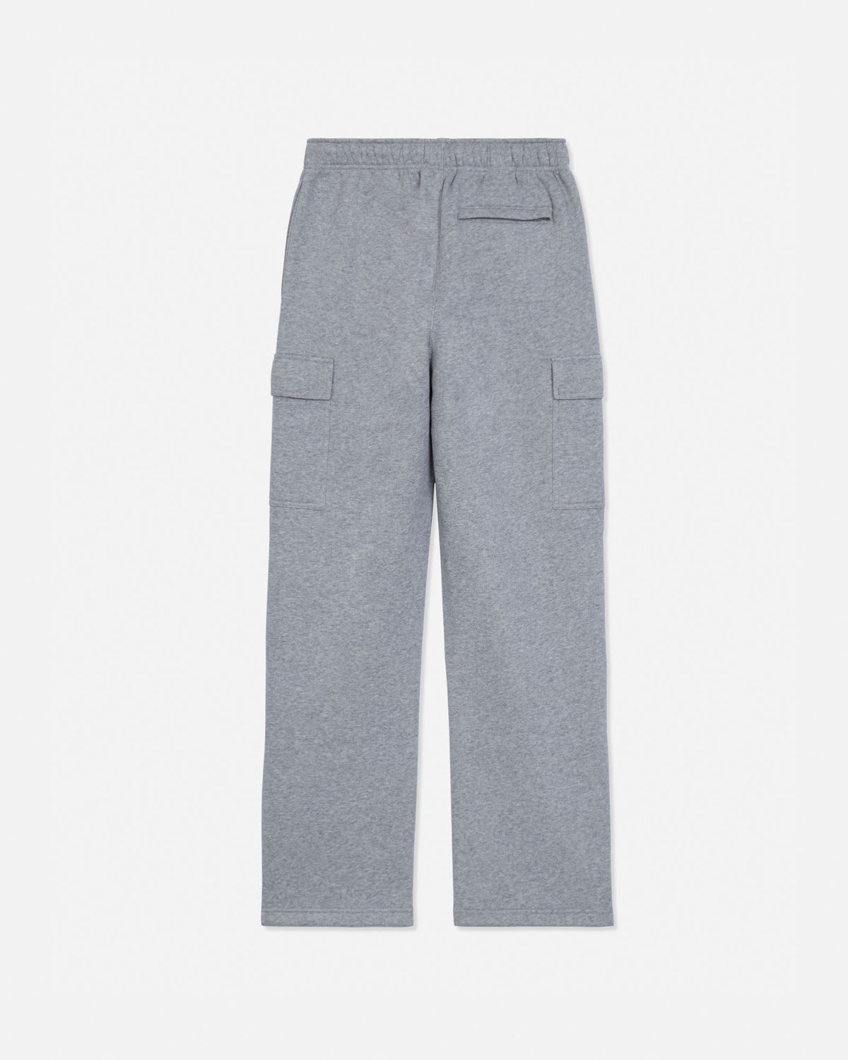 A pair of heather gray cargo sweatpants shown from the back, featuring an elastic waistband, rear welt pockets, and side cargo pockets, photographed on a clean white background.