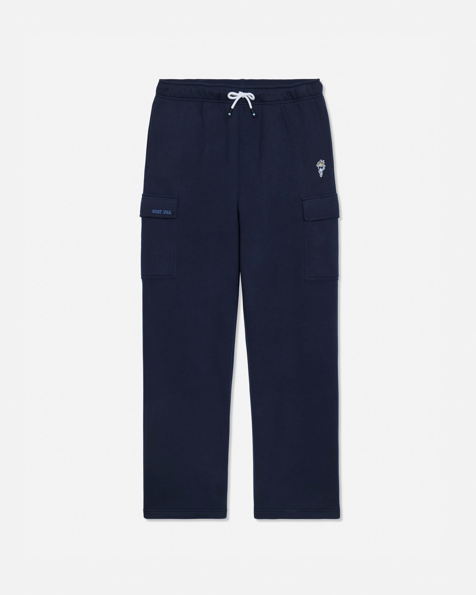 Navy blue cargo sweatpants with a white drawstring, featuring a small embroidered logo on the left thigh and a small brand patch on the right pocket, shown against a light gray background.#color_navy-blazer