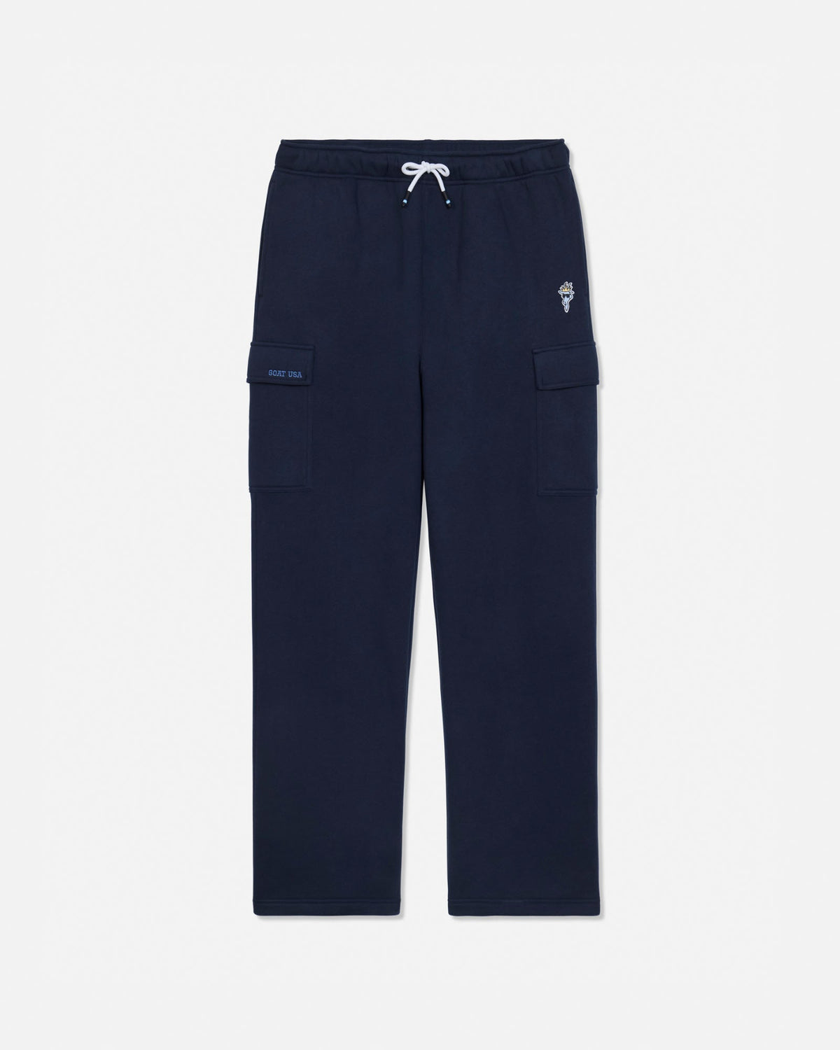 Navy blue cargo sweatpants with a white drawstring, featuring a small embroidered logo on the left thigh and a small brand patch on the right pocket, shown against a light gray background.#color_navy-blazer