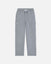 A pair of heather gray cargo sweatpants with a white drawstring, shown flat against a light gray background. The pants feature side cargo pockets, a small embroidered logo on the left thigh, and a small text label on the right pocket.#color_gray-heather