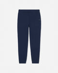 A pair of navy blue sweatpants with an elastic waistband and a small white embroidered logo on the left hip, shown against a light gray background.