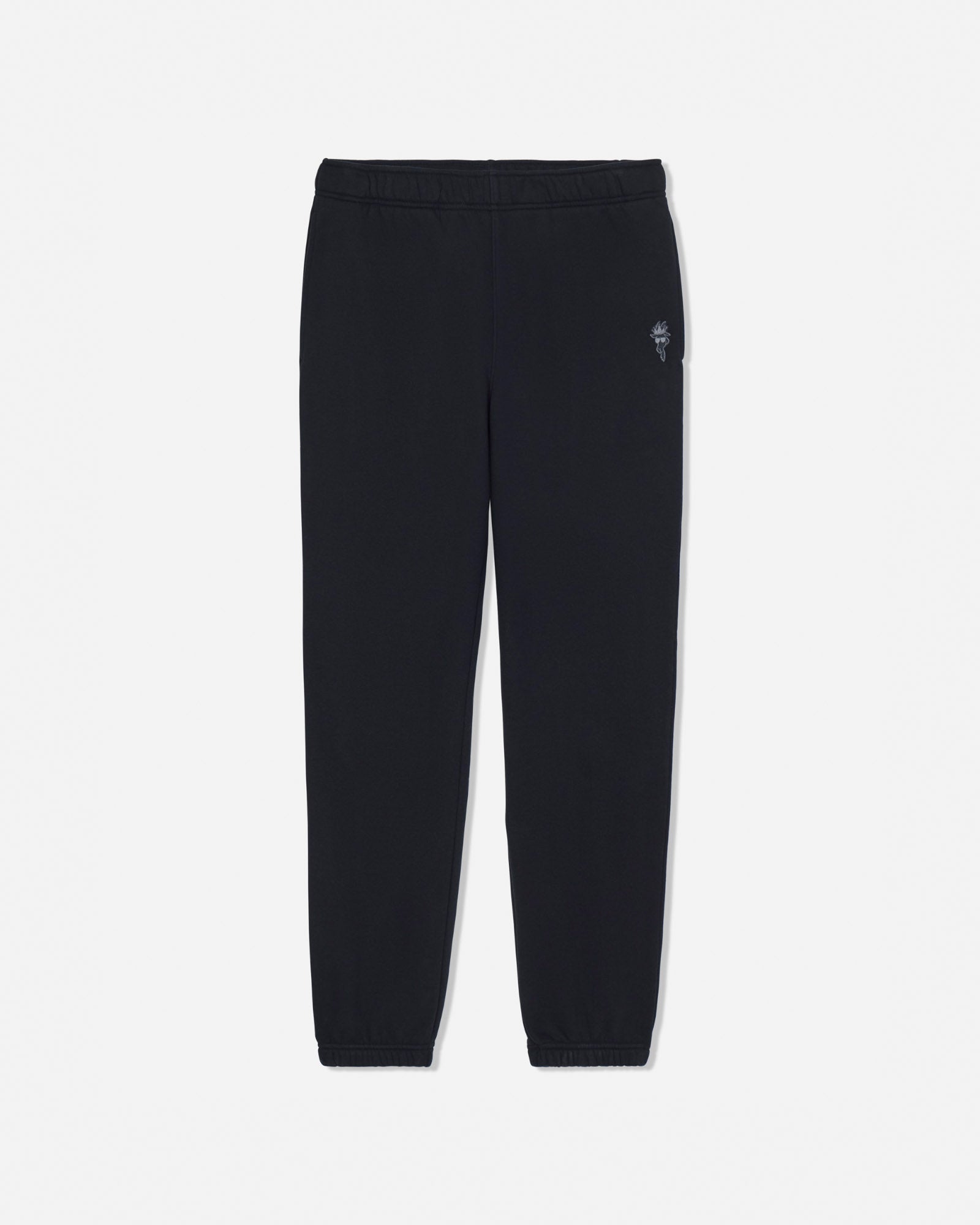 Black sweatpants with an elastic waistband and cuffs, featuring a small embroidered logo on the left hip, displayed against a light gray background.#color_black