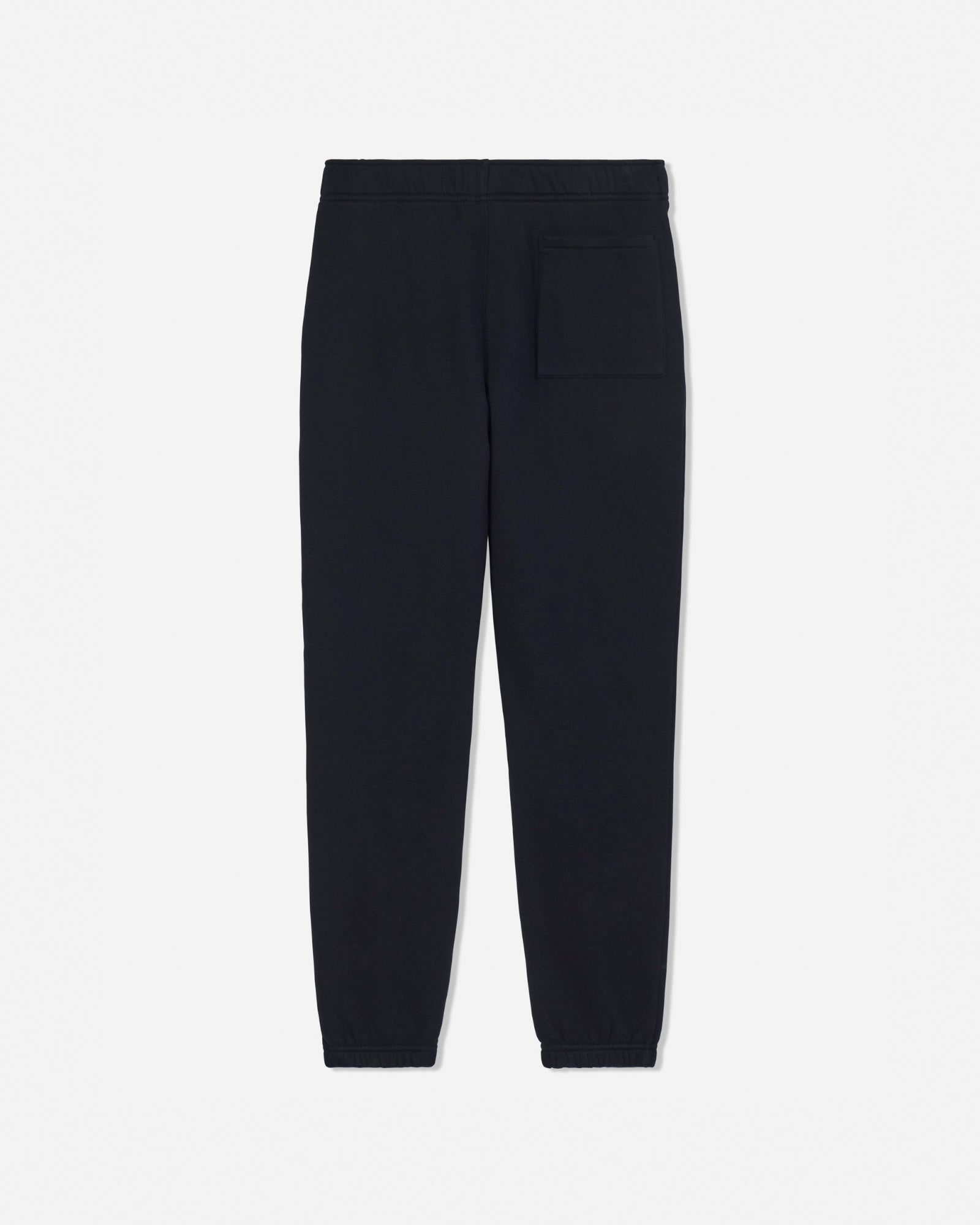 Black jogger pants with a single welt pocket on the back right, shown flat against a light gray background.#color_black