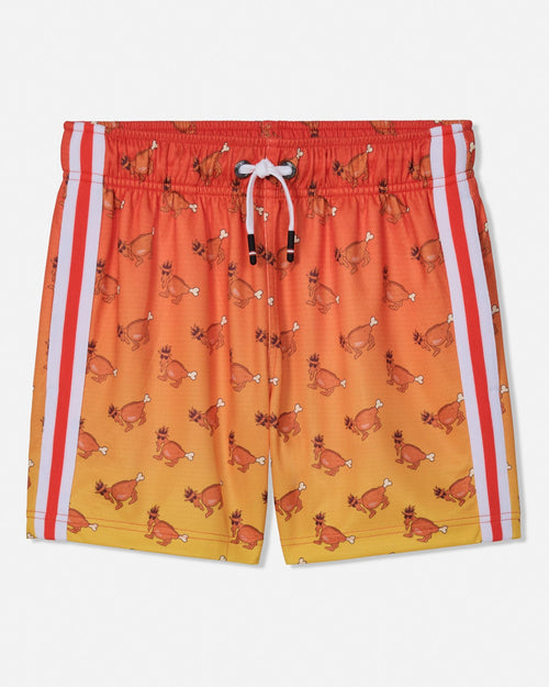 A pair of athletic shorts featuring a warm gradient from orange to yellow, covered in a repeating pattern of cartoon goats. It has white side stripes and a white drawstring.