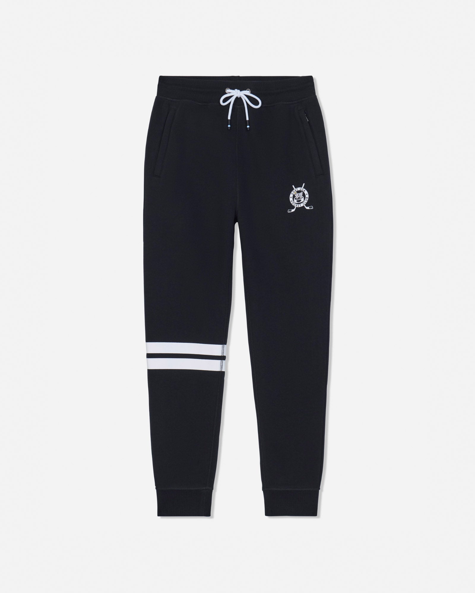 Black sweatpants with a white drawstring, a small white crest logo on the left thigh, and two horizontal white stripes near the lower left leg, shown against a light gray background.