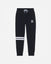 Black sweatpants with a white drawstring, a small white crest logo on the left thigh, and two horizontal white stripes near the lower left leg, shown against a light gray background.